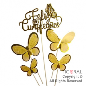 CAKE TOPPER FELIZ CUMPLEA�OS ORO CON MARIPOSAS CON STAMPING AMARILLO X 1